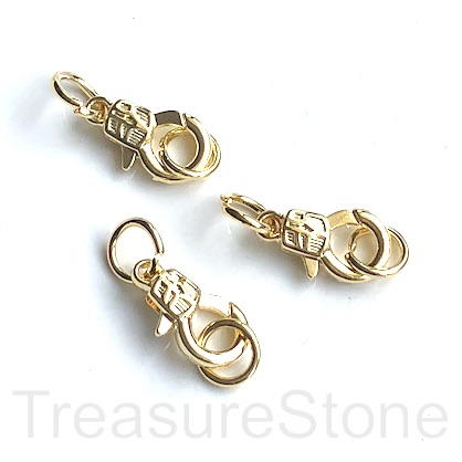 Clasp, lobster claw, jump ring, bright gold color, 17mm. each